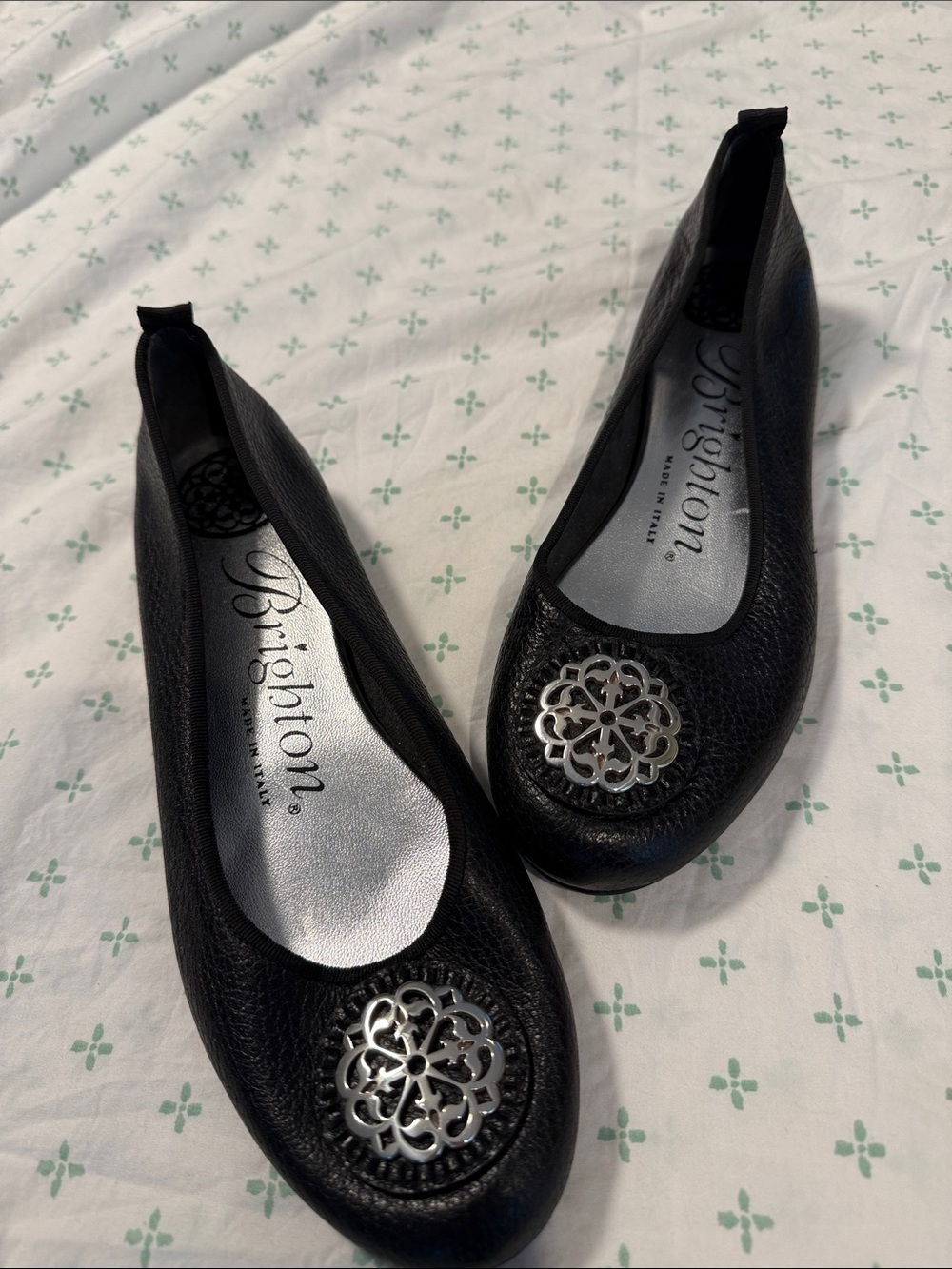 Brighton Aleta Black Leather Ballet Flats with Silver Filigree Medallion